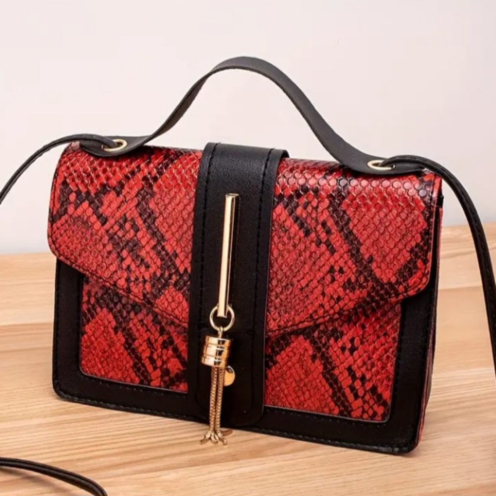 Red and Black Snake Print Crossbody Bag